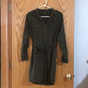 Olive long sleeve shirt dress with tie waist